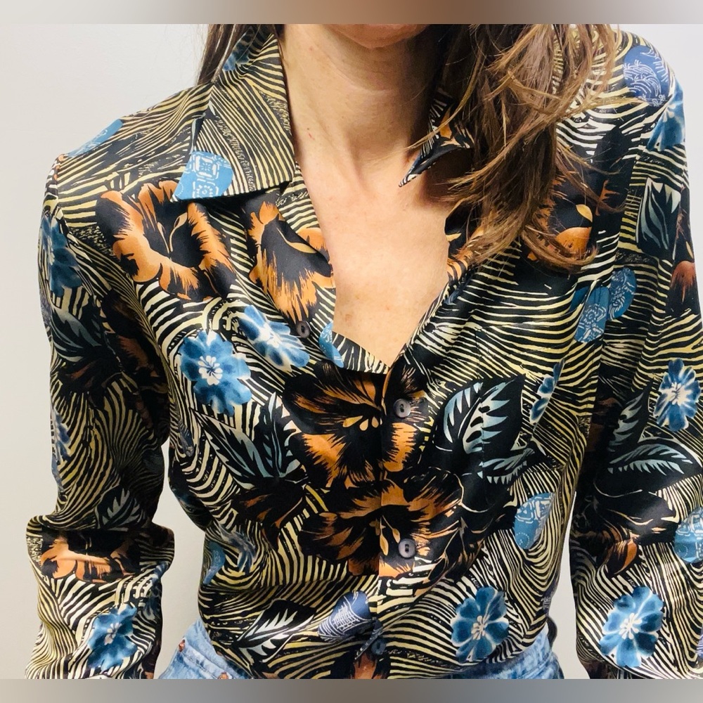Vintage Equipment Silk Button-Down Blouse | Vibrant Floral Pattern | Size M